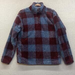 Eddie Bauer Sweater Womens Small Red Blue 1/4 Zip Sherpa Fleece Buffalo Plaid